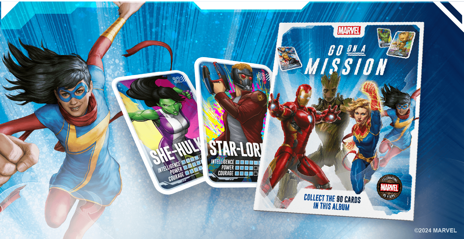 Album de collectionneurs « Pars en mission » et deux cartes à collectionner Marvel présentant She-Hulk et Star-Lord.