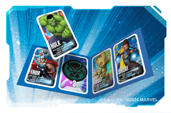 Jeu de cartes Marvel avec Hulk, Thor, Bébé Groot et Shuri.