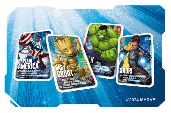 Four Marvel trading cards featuring Captain America, Baby Groot, Hulk and Shuri.