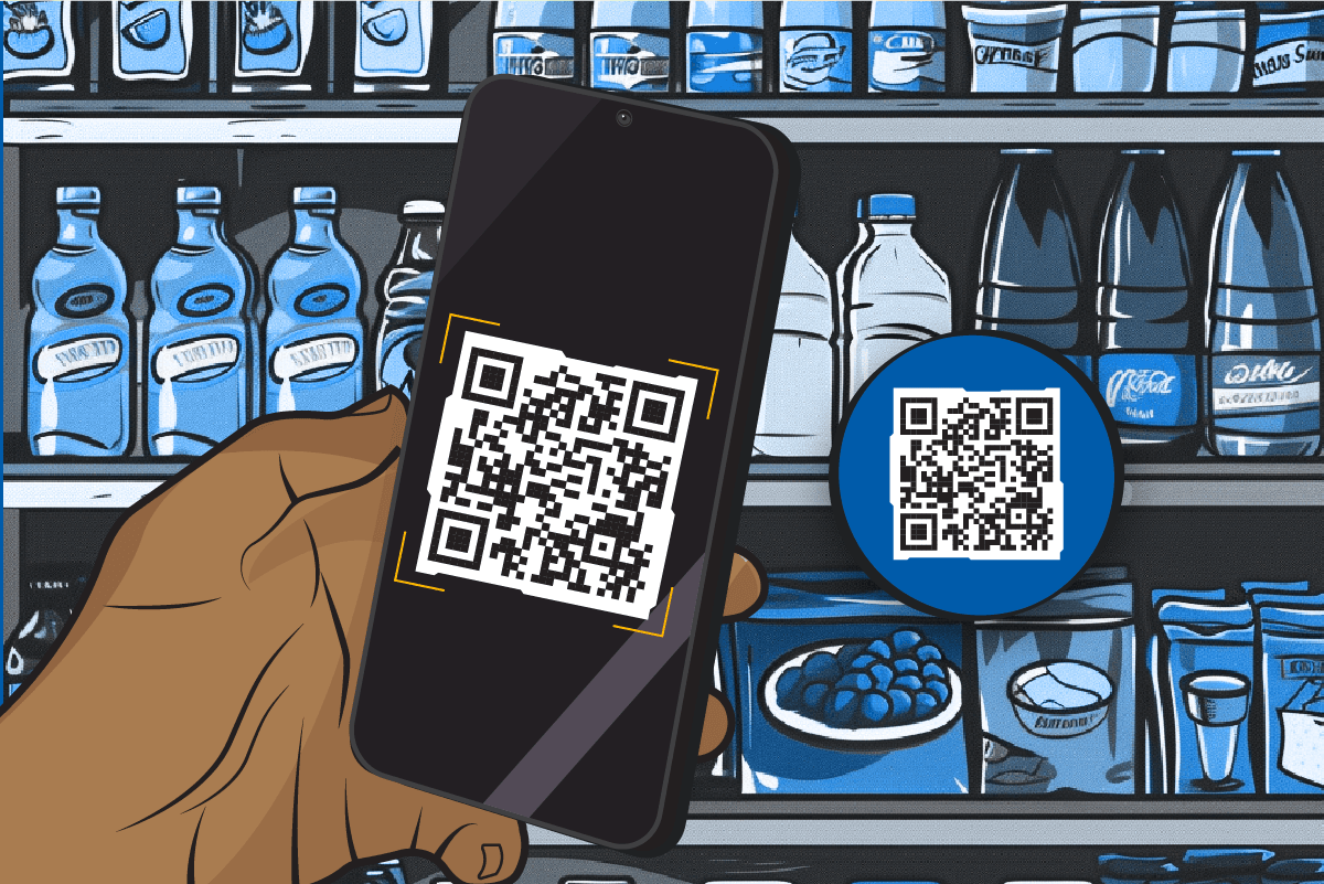 Grocery store shelf with QR code and phone.